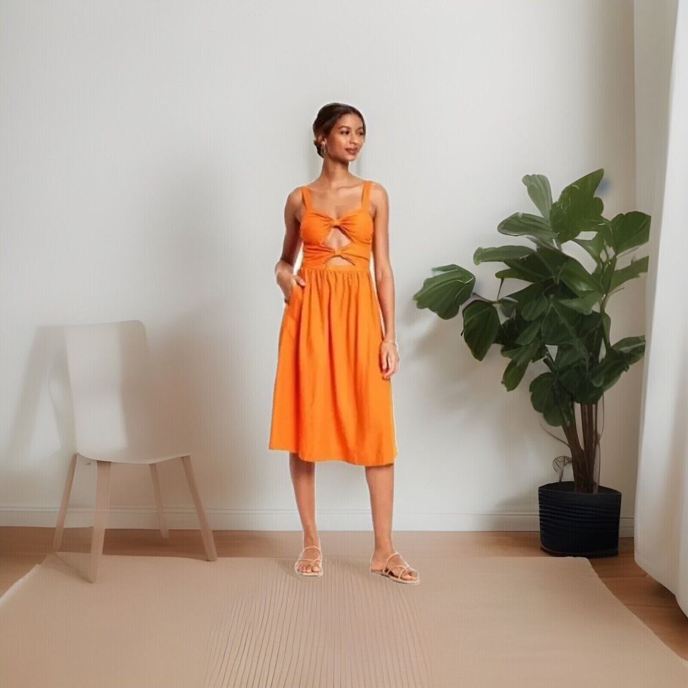 NWT Fe Noel x Target XS Orange Linen Double Cut Out Midi Dress with Bows NEW